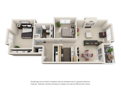Floor plan for 2 beds, 1 bath, 865 sqft